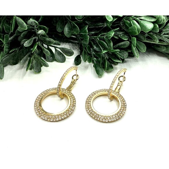 Gold Tone  Rhinestone Open Circle Leverback Drop Earrings Elegant Jewelry - Picture 1 of 9